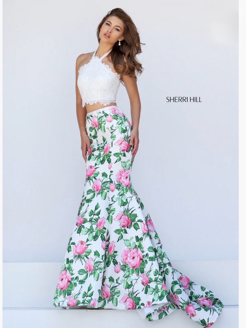 Sherri Hill White Two-Piece Floral Mermaid Dress with Pink Roses 503898